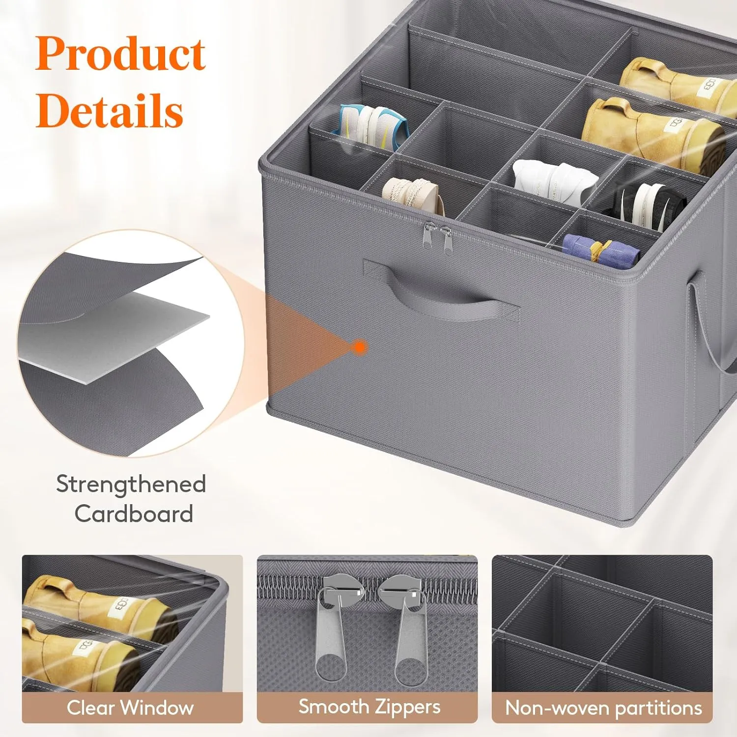 Lifewit Shoe Storage Organizer for Closet, Fits 12-16 Pairs, Large Shoe Box Storage Containers with Clear Cover and Reinforced Handles, Foldable Storage Bins Fit for Boots Heels Sneakers, 1 Pack Gray
