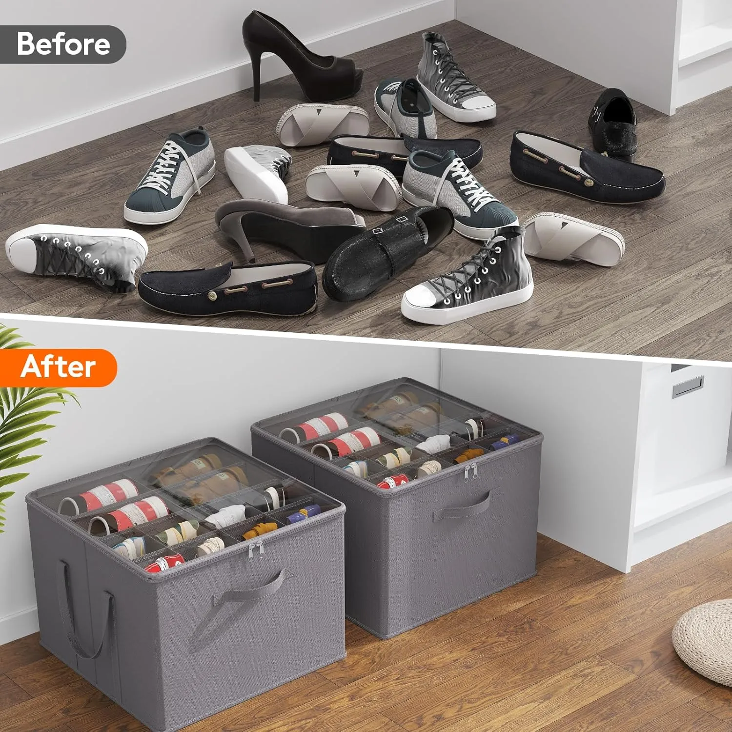Lifewit Shoe Storage Organizer for Closet, Fits 12-16 Pairs, Large Shoe Box Storage Containers with Clear Cover and Reinforced Handles, Foldable Storage Bins Fit for Boots Heels Sneakers, 1 Pack Gray