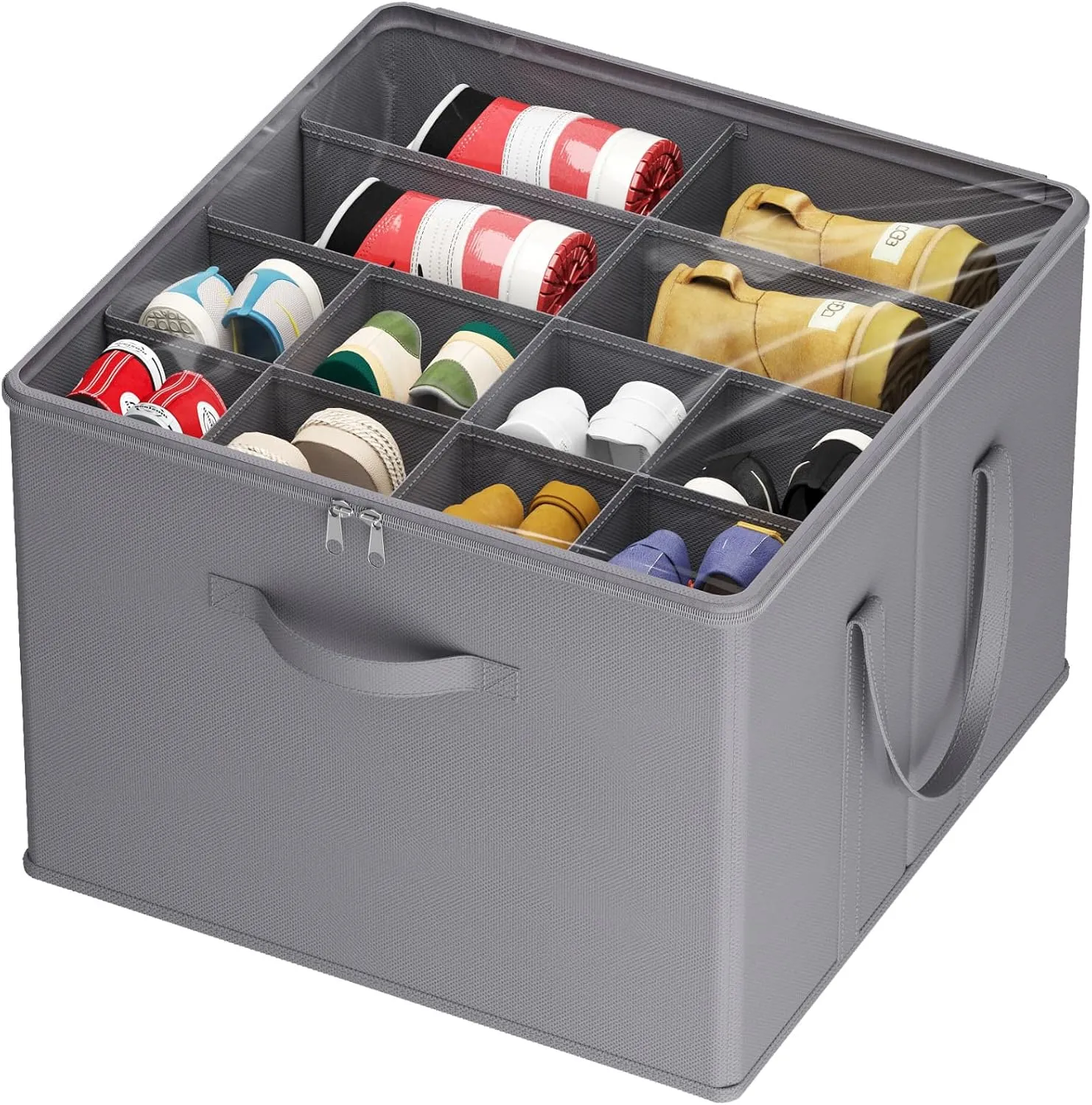 Lifewit Shoe Storage Organizer for Closet, Fits 12-16 Pairs, Large Shoe Box Storage Containers with Clear Cover and Reinforced Handles, Foldable Storage Bins Fit for Boots Heels Sneakers, 1 Pack Gray