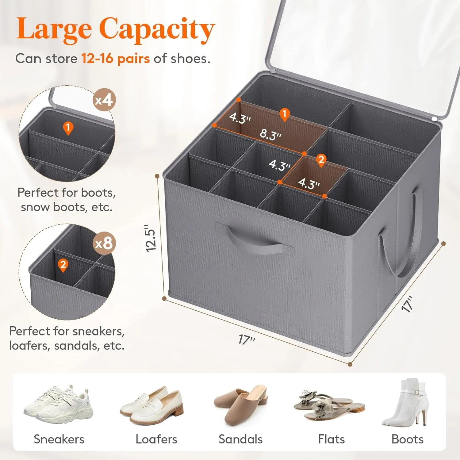 Lifewit Shoe Storage Organizer for Closet, Fits 12-16 Pairs, Large Shoe Box Storage Containers with Clear Cover and Reinforced Handles, Foldable Storage Bins Fit for Boots Heels Sneakers, 1 Pack Gray