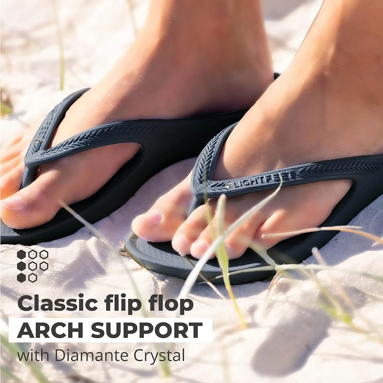 LightFeet Arch Support Rhinestone Flip Flops for Women – Australian Podiatrists Designed Bling Flip Flops for Women, Orthotic Black Crystal Flip Flops with Arch Support Made from Recycled Footwear