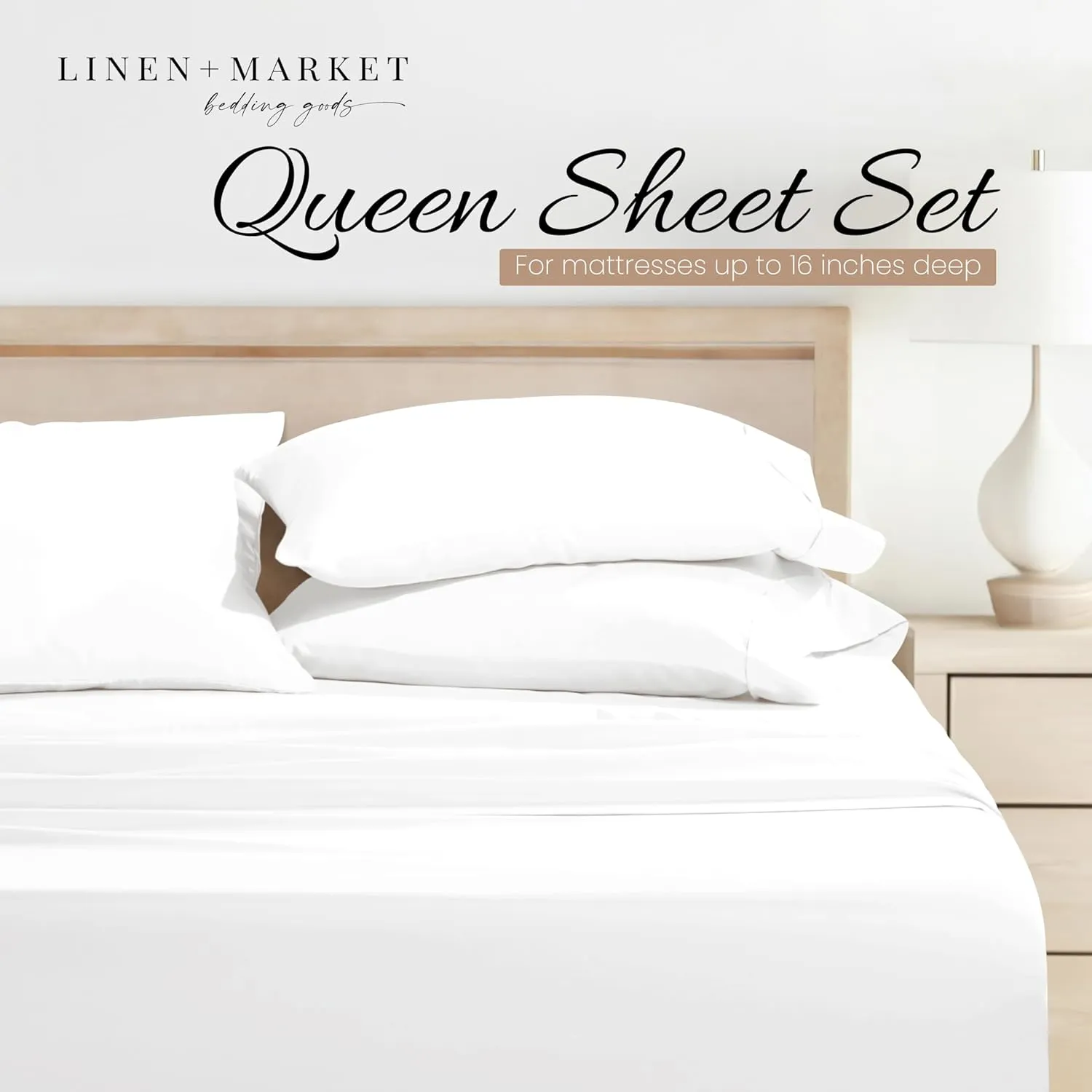 Linen Market Double-Brushed Microfiber Queen Sheet Set 4 Piece – Oeko-TEX Certified Ultra Soft & Wrinkle-Free - 16" Deep Pocket Sheets - Easy Care Queen Size - White