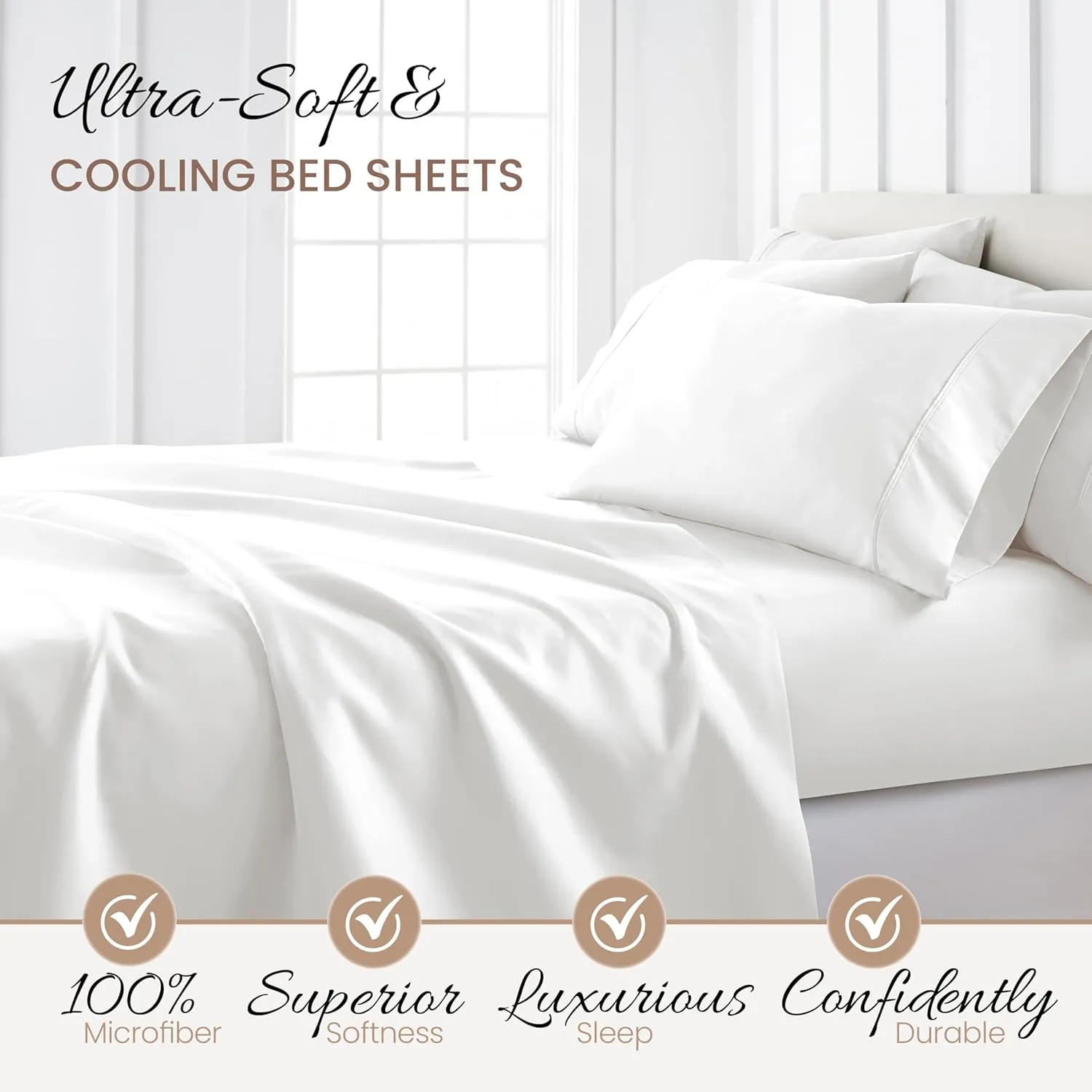 Linen Market Double-Brushed Microfiber Queen Sheet Set 4 Piece – Oeko-TEX Certified Ultra Soft & Wrinkle-Free - 16" Deep Pocket Sheets - Easy Care Queen Size - White