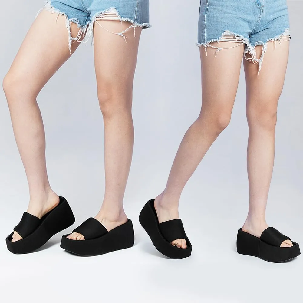 LinnOaks Wedge Sandals for Women Slip on Comfy Platform Heels Open Square Toe Slides Casual Comfy Beach Sandals Summer Pool Cloud Slippers