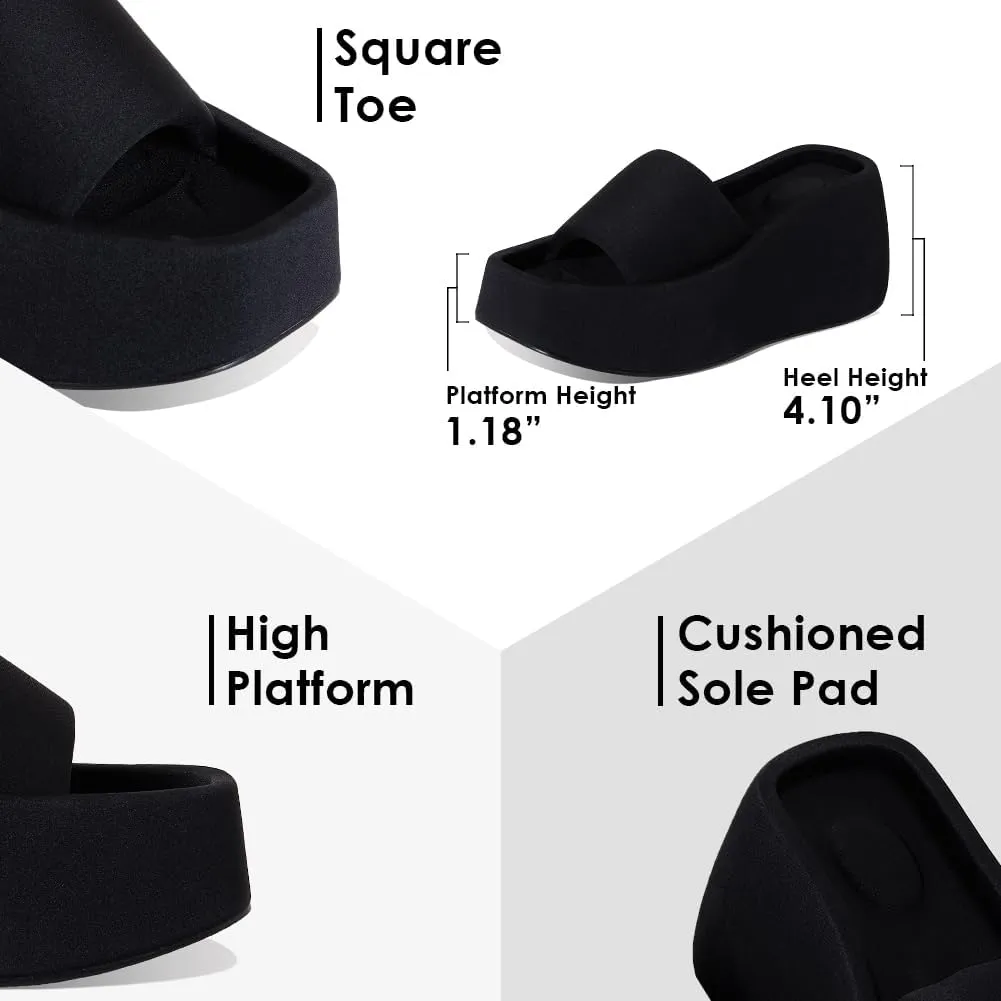 LinnOaks Wedge Sandals for Women Slip on Comfy Platform Heels Open Square Toe Slides Casual Comfy Beach Sandals Summer Pool Cloud Slippers