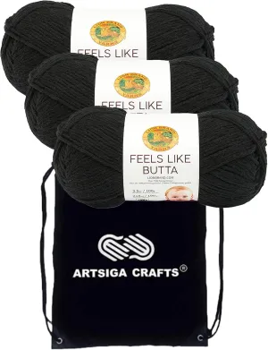 Lion Brand Feels Like Butta Black 215-153 (3-Skeins - Same Dye Lot) Worsted Medium #4 Polyester Yarn for Crocheting and Knitting with Project Bag