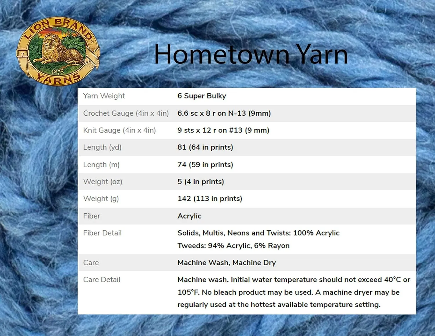 Lion Brand Hometown Fort Worth Blue 135-109 (3-Skeins - Same Dye Lot) #6 S Bulky Acrylic Yarn for Crocheting and Knitting with Project Bag