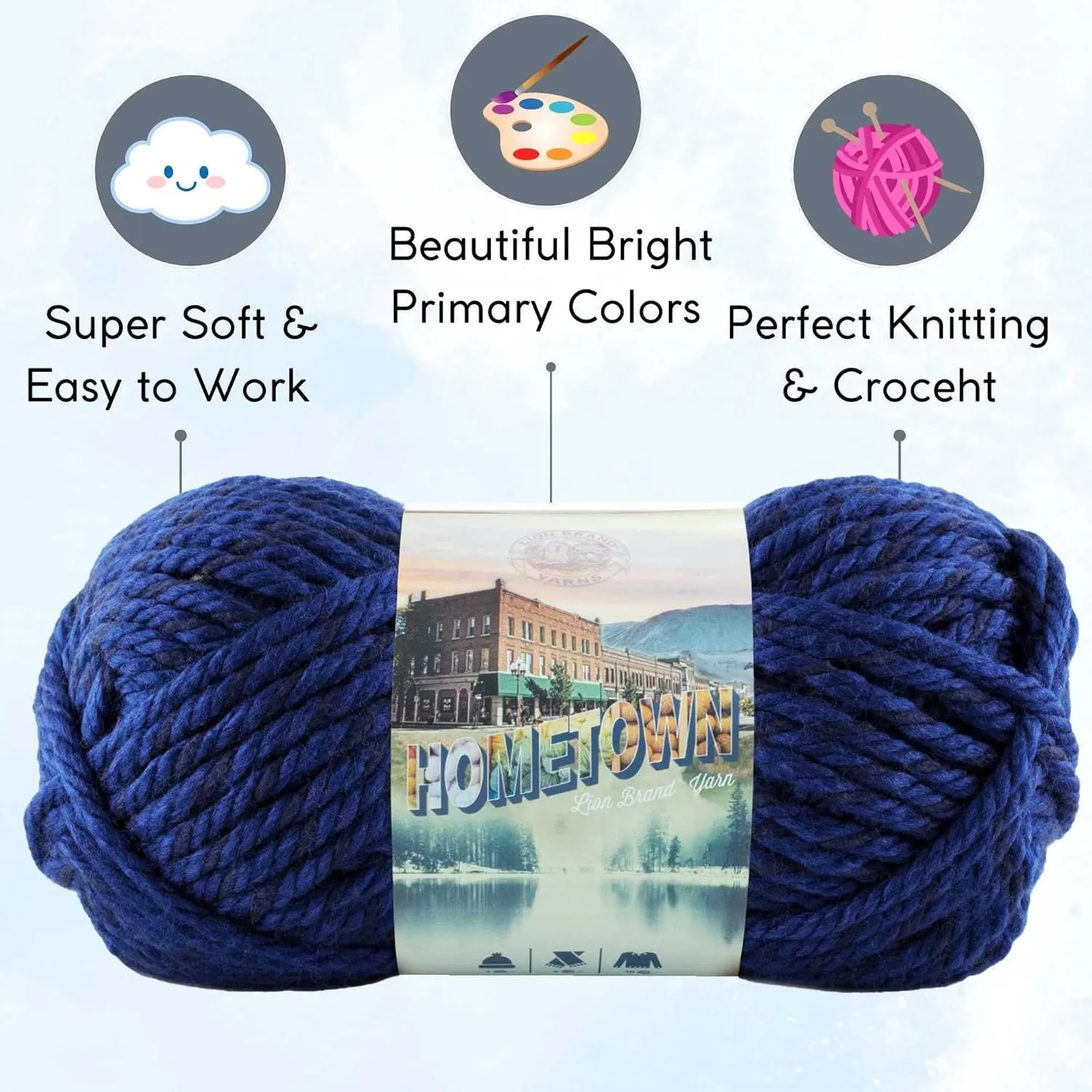 Lion Brand Hometown Fort Worth Blue 135-109 (3-Skeins - Same Dye Lot) #6 S Bulky Acrylic Yarn for Crocheting and Knitting with Project Bag