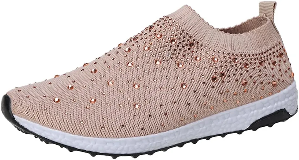 LLTMALL Women's Slip on Sock Sneakers Glitter Rhinestone Latin Jazz Folk Dance Easy Shoes