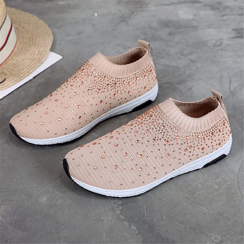 LLTMALL Women's Slip on Sock Sneakers Glitter Rhinestone Latin Jazz Folk Dance Easy Shoes