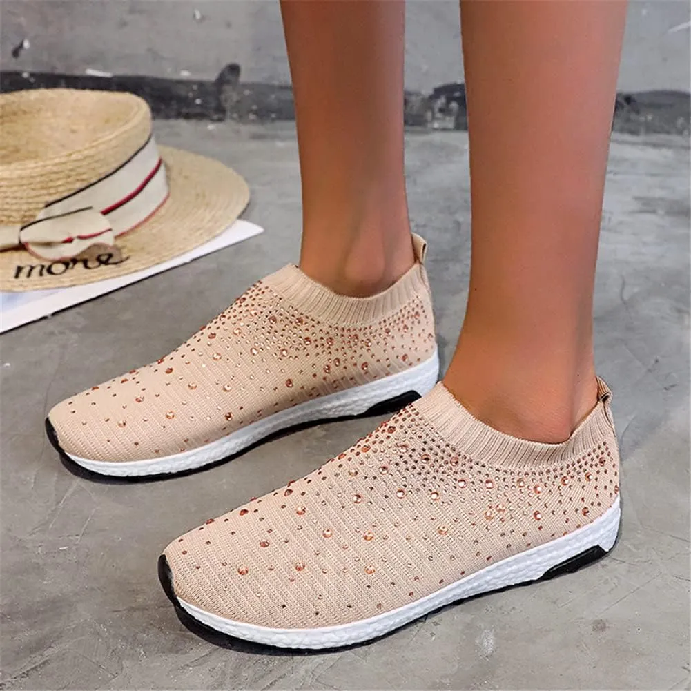 LLTMALL Women's Slip on Sock Sneakers Glitter Rhinestone Latin Jazz Folk Dance Easy Shoes