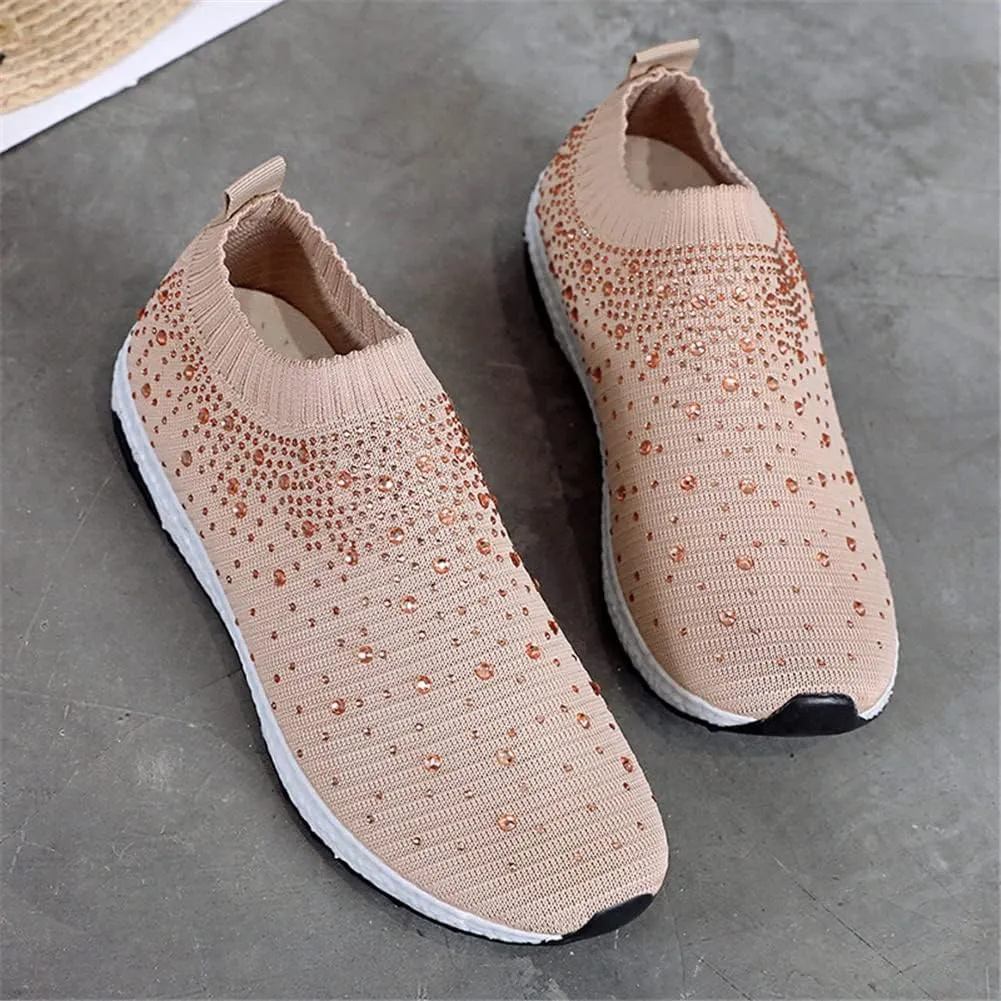 LLTMALL Women's Slip on Sock Sneakers Glitter Rhinestone Latin Jazz Folk Dance Easy Shoes