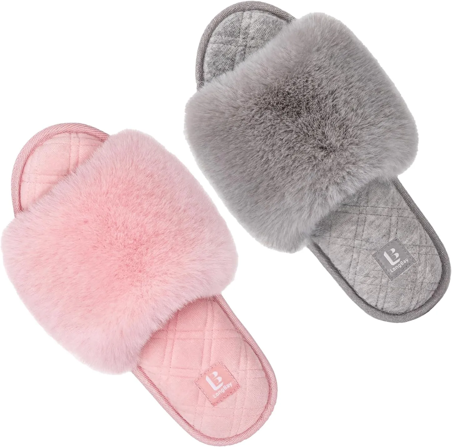 LongBay Women's Fuzzy Faux Fur Memory Foam Cozy Flat Spa Slide Slippers Comfy Open Toe Slip On House Shoes Sandals