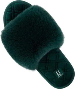 LongBay Women's Fuzzy Faux Fur Memory Foam Cozy Flat Spa Slide Slippers Comfy Open Toe Slip On House Shoes Sandals