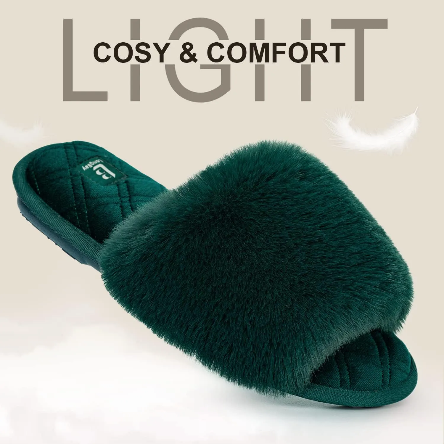 LongBay Women's Fuzzy Faux Fur Memory Foam Cozy Flat Spa Slide Slippers Comfy Open Toe Slip On House Shoes Sandals