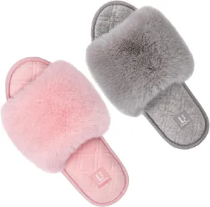 LongBay Women's Fuzzy Faux Fur Memory Foam Cozy Flat Spa Slide Slippers Comfy Open Toe Slip On House Shoes Sandals