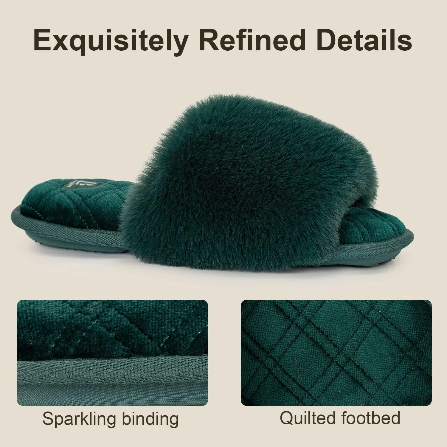LongBay Women's Fuzzy Faux Fur Memory Foam Cozy Flat Spa Slide Slippers Comfy Open Toe Slip On House Shoes Sandals
