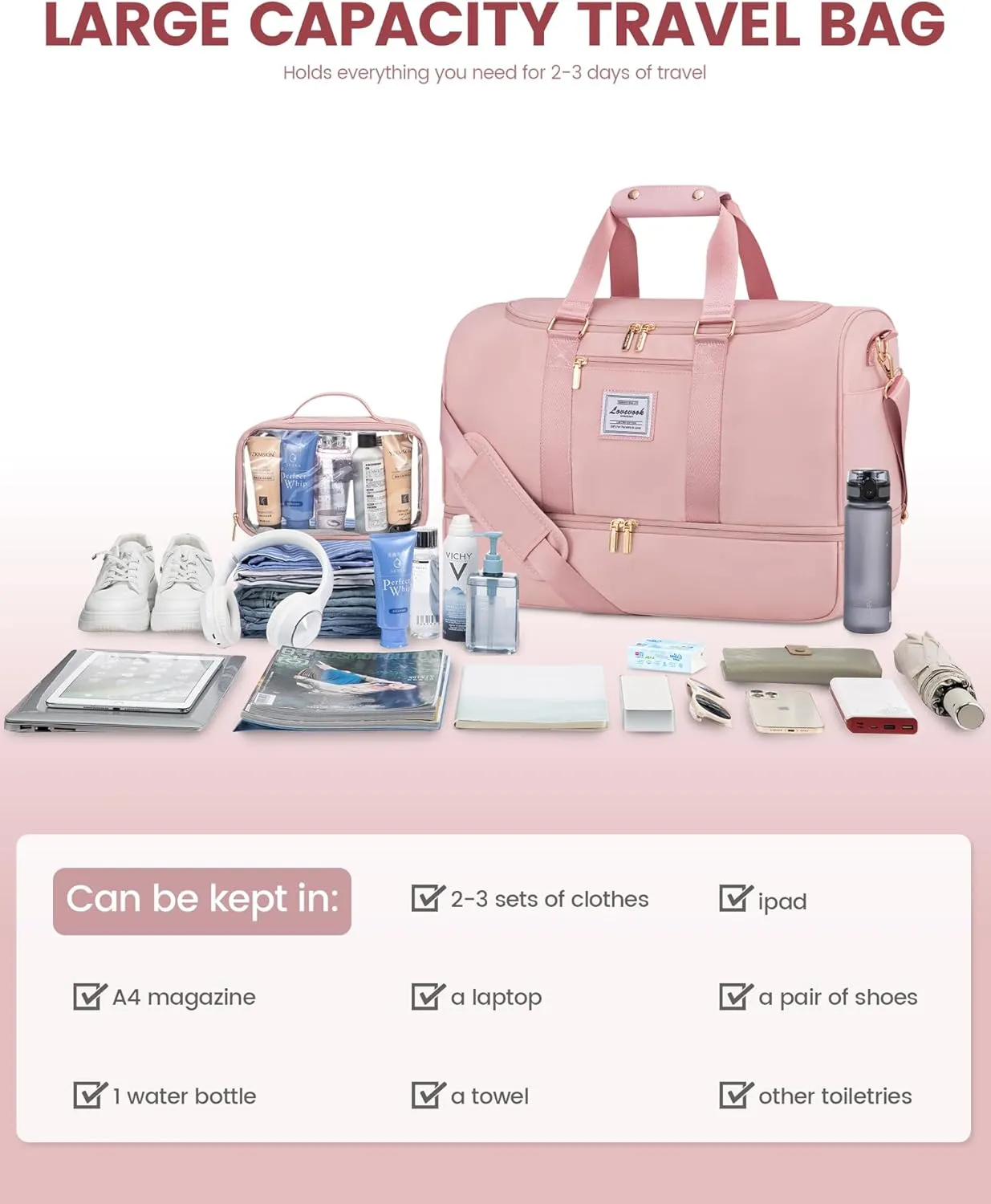 LOVEVOOK Gym bag for Women,Weekender Overnight Bag with Shoe Compartment, Personal Item Travel Duffle Bag with Toiletry Bag & Wet Pocket, Carry on Duffel Bags, Hospital Bags for Labor and Delivery