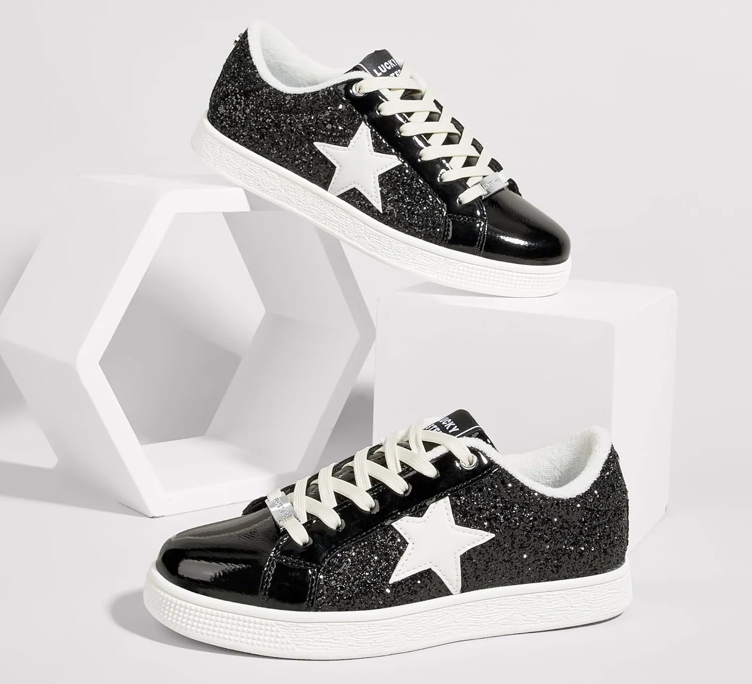 LUCKY STEP Women's Fashion Star Sneaker Lace Up Low Top Comfortable Cushioned Walking Shoes
