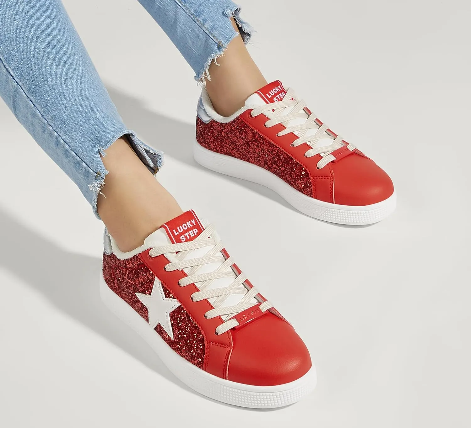 LUCKY STEP Women's Fashion Star Sneaker Lace Up Low Top Comfortable Cushioned Walking Shoes