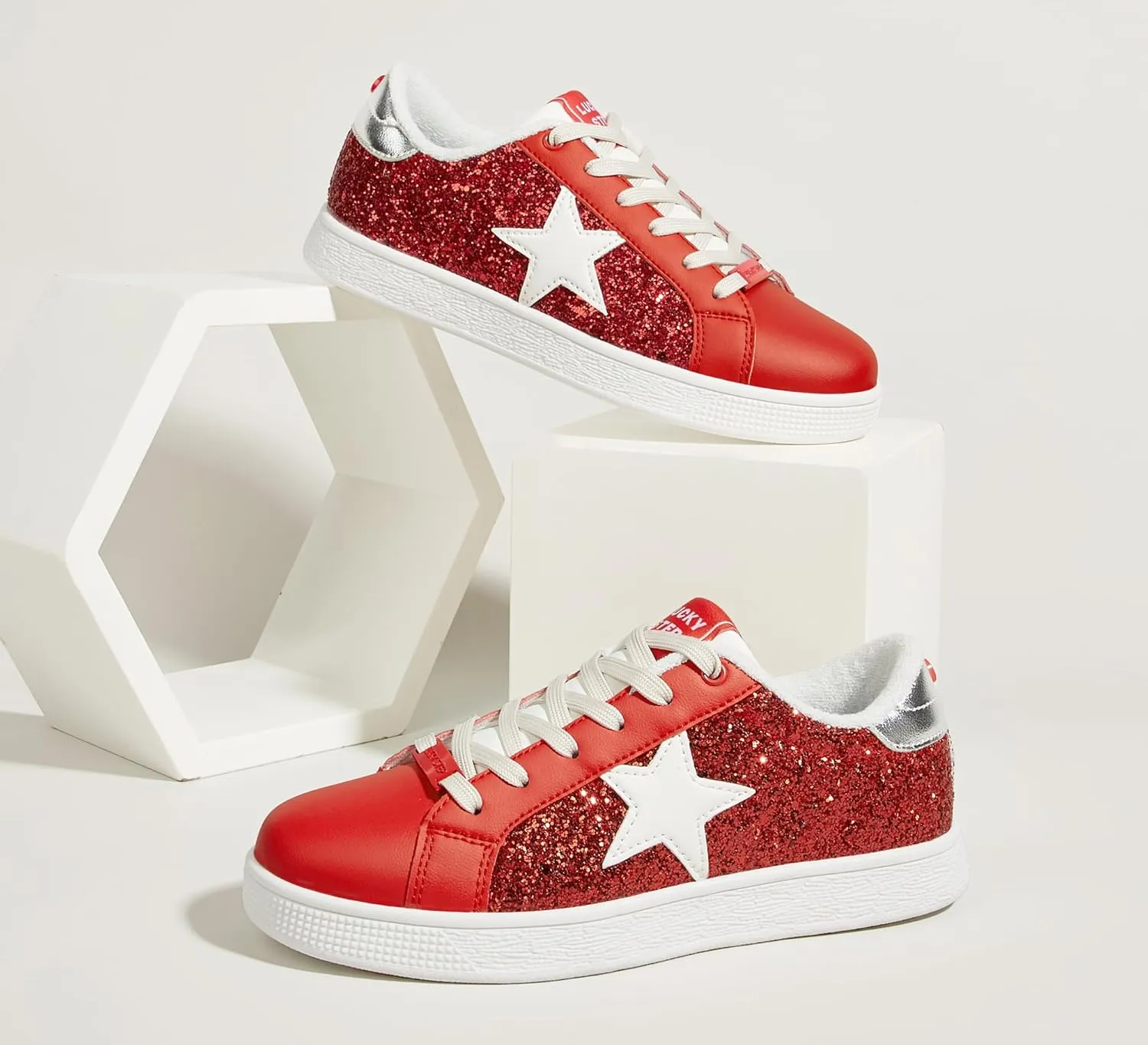 LUCKY STEP Women's Fashion Star Sneaker Lace Up Low Top Comfortable Cushioned Walking Shoes