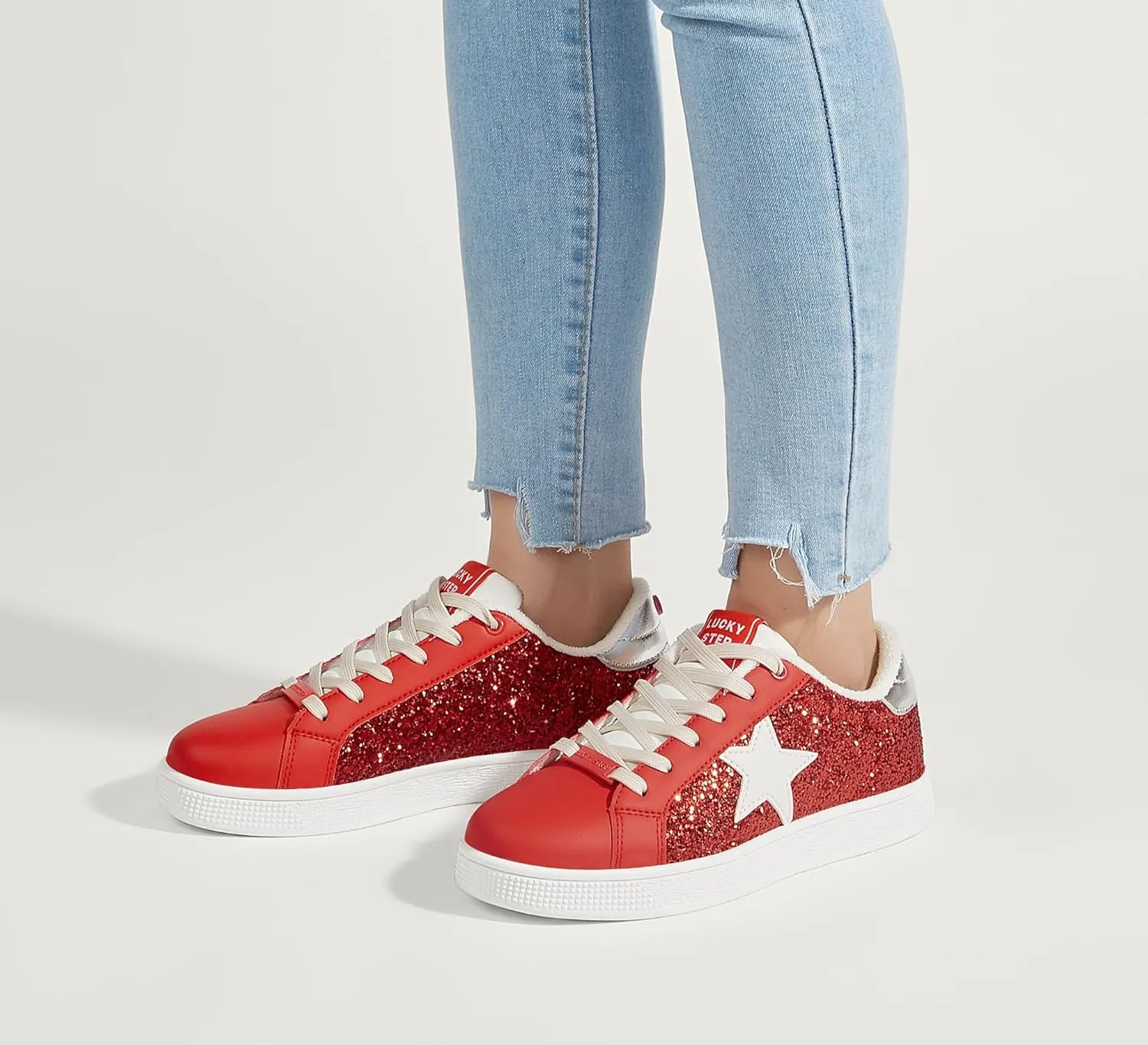 LUCKY STEP Women's Fashion Star Sneaker Lace Up Low Top Comfortable Cushioned Walking Shoes