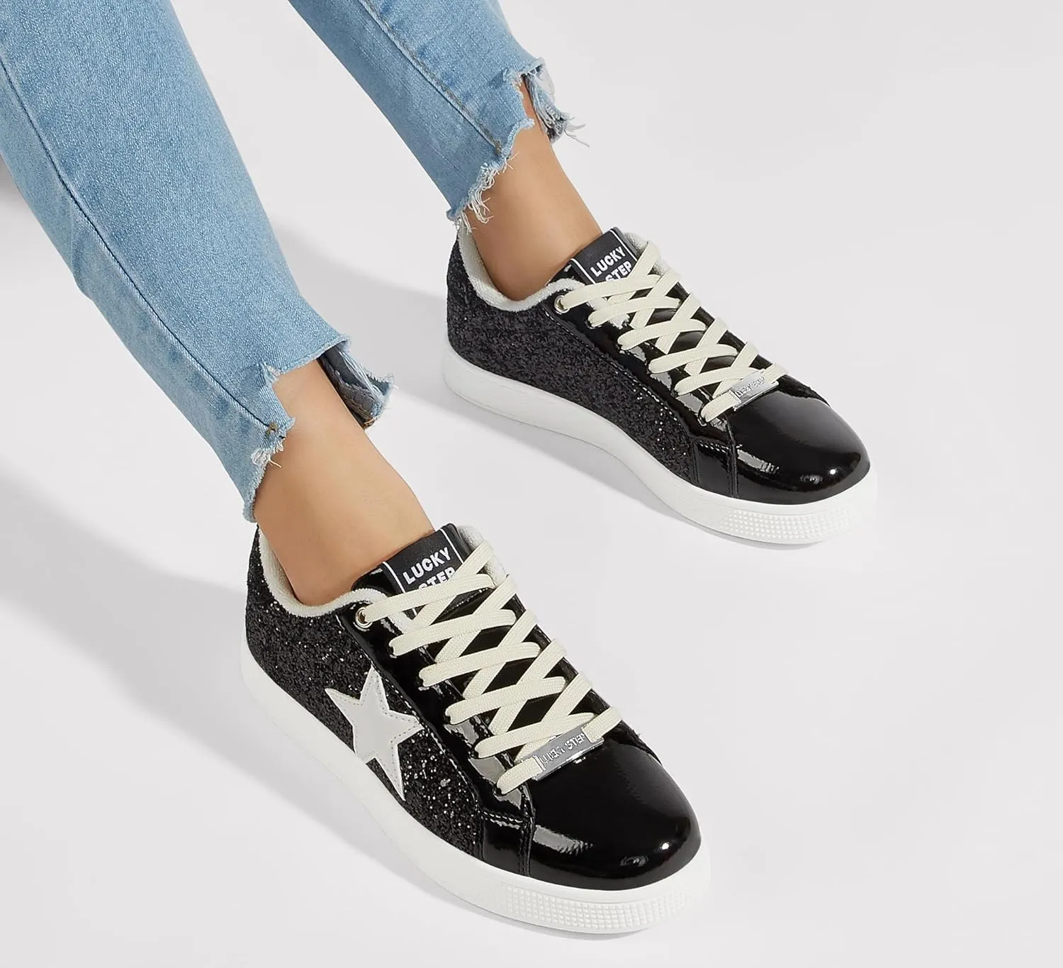 LUCKY STEP Women's Fashion Star Sneaker Lace Up Low Top Comfortable Cushioned Walking Shoes