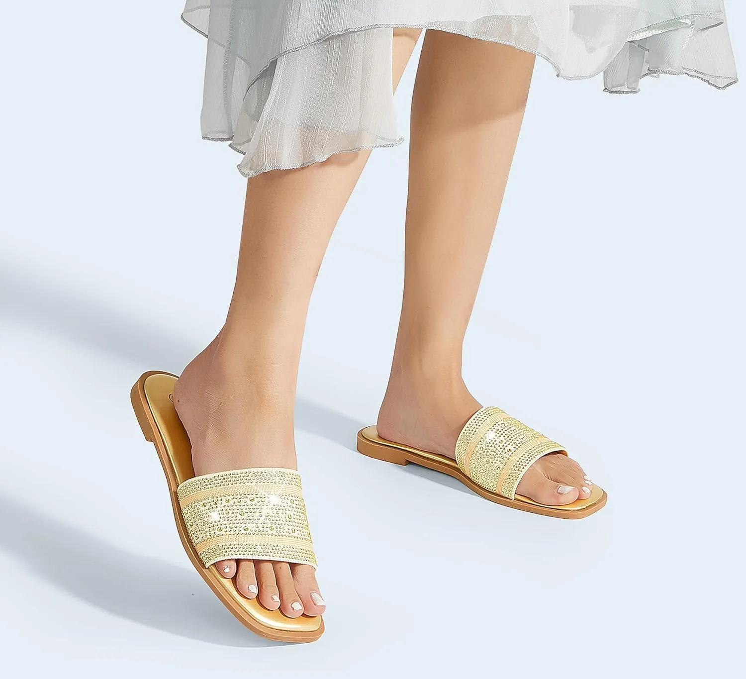 LUCKY STEP Women's Rhinestone Flat Sandals Square Open Toe Sparkly Glitter Fashion Braided Slide Sandals Summer