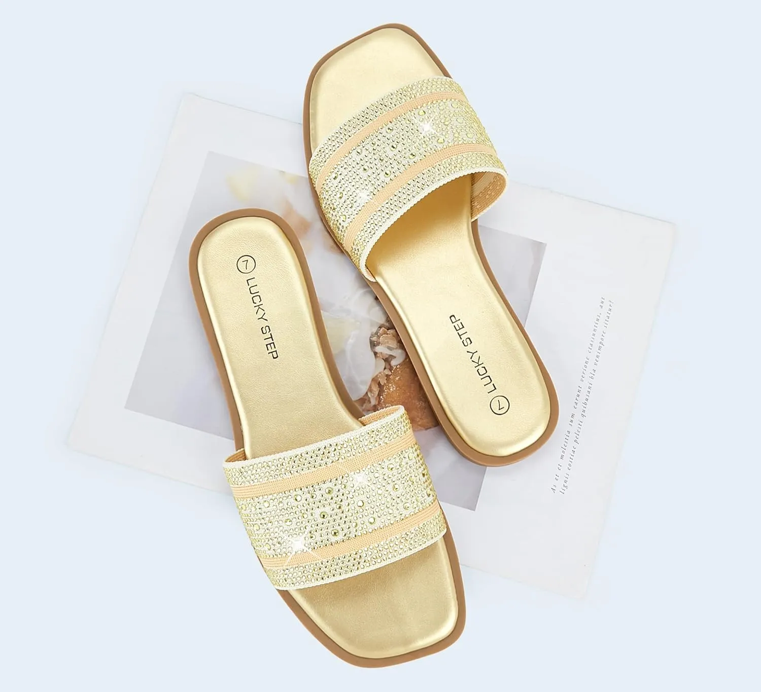 LUCKY STEP Women's Rhinestone Flat Sandals Square Open Toe Sparkly Glitter Fashion Braided Slide Sandals Summer