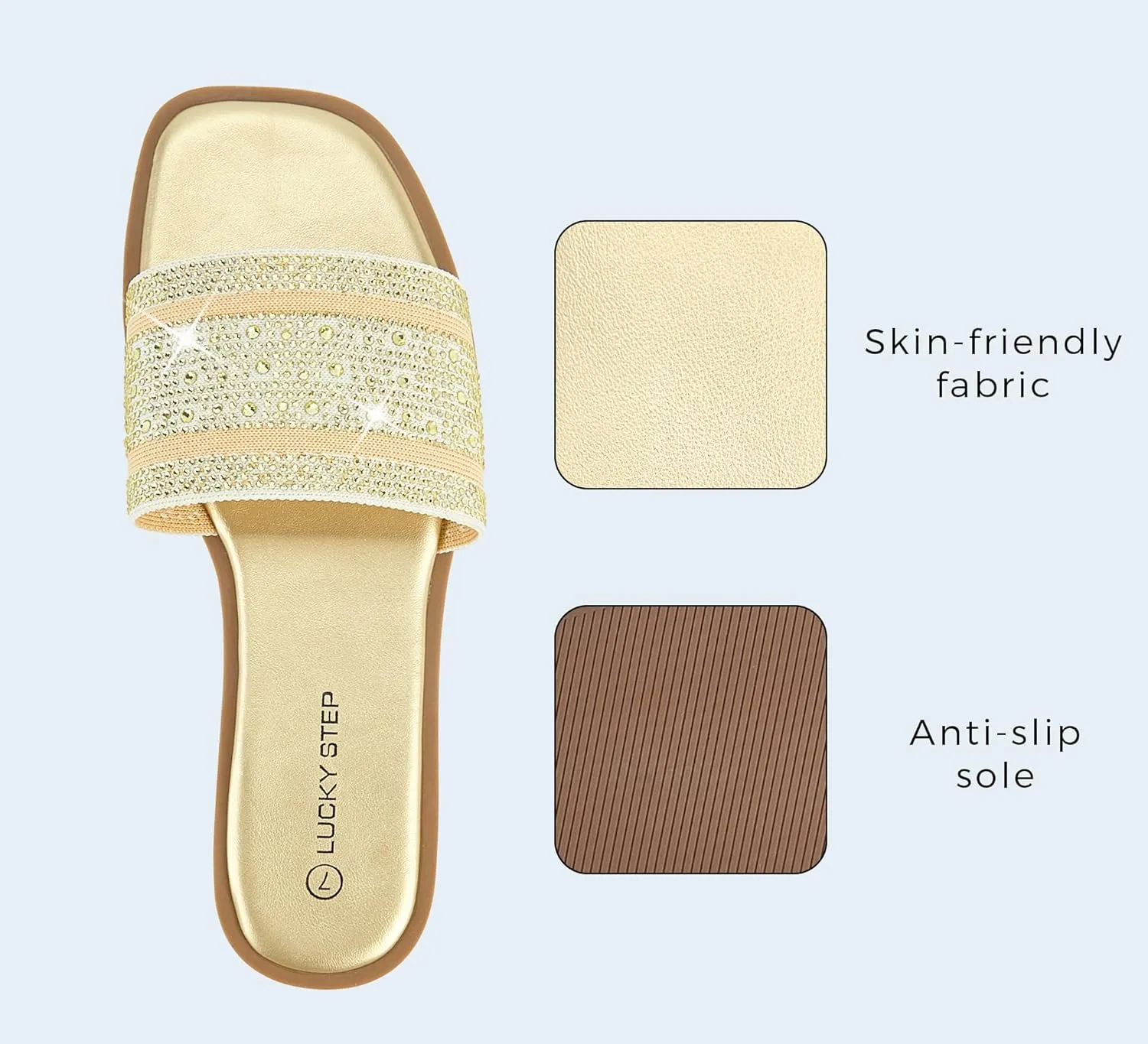 LUCKY STEP Women's Rhinestone Flat Sandals Square Open Toe Sparkly Glitter Fashion Braided Slide Sandals Summer