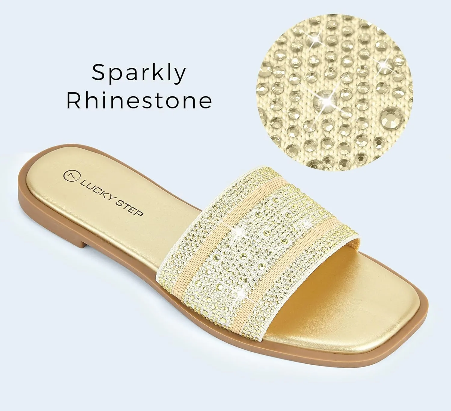 LUCKY STEP Women's Rhinestone Flat Sandals Square Open Toe Sparkly Glitter Fashion Braided Slide Sandals Summer