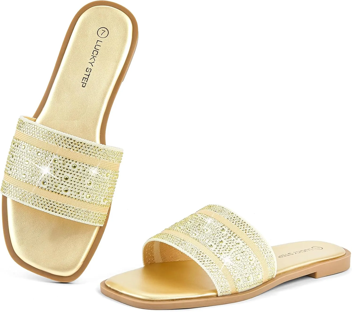 LUCKY STEP Women's Rhinestone Flat Sandals Square Open Toe Sparkly Glitter Fashion Braided Slide Sandals Summer