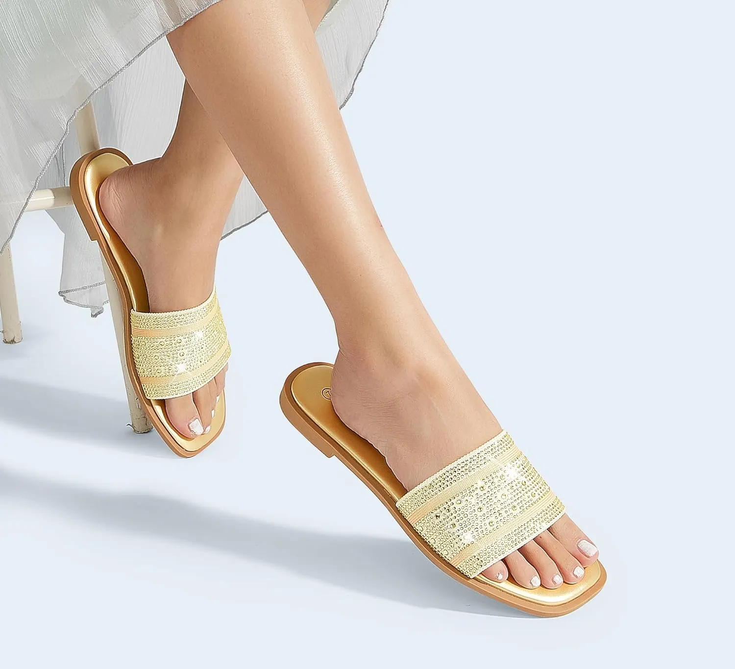 LUCKY STEP Women's Rhinestone Flat Sandals Square Open Toe Sparkly Glitter Fashion Braided Slide Sandals Summer