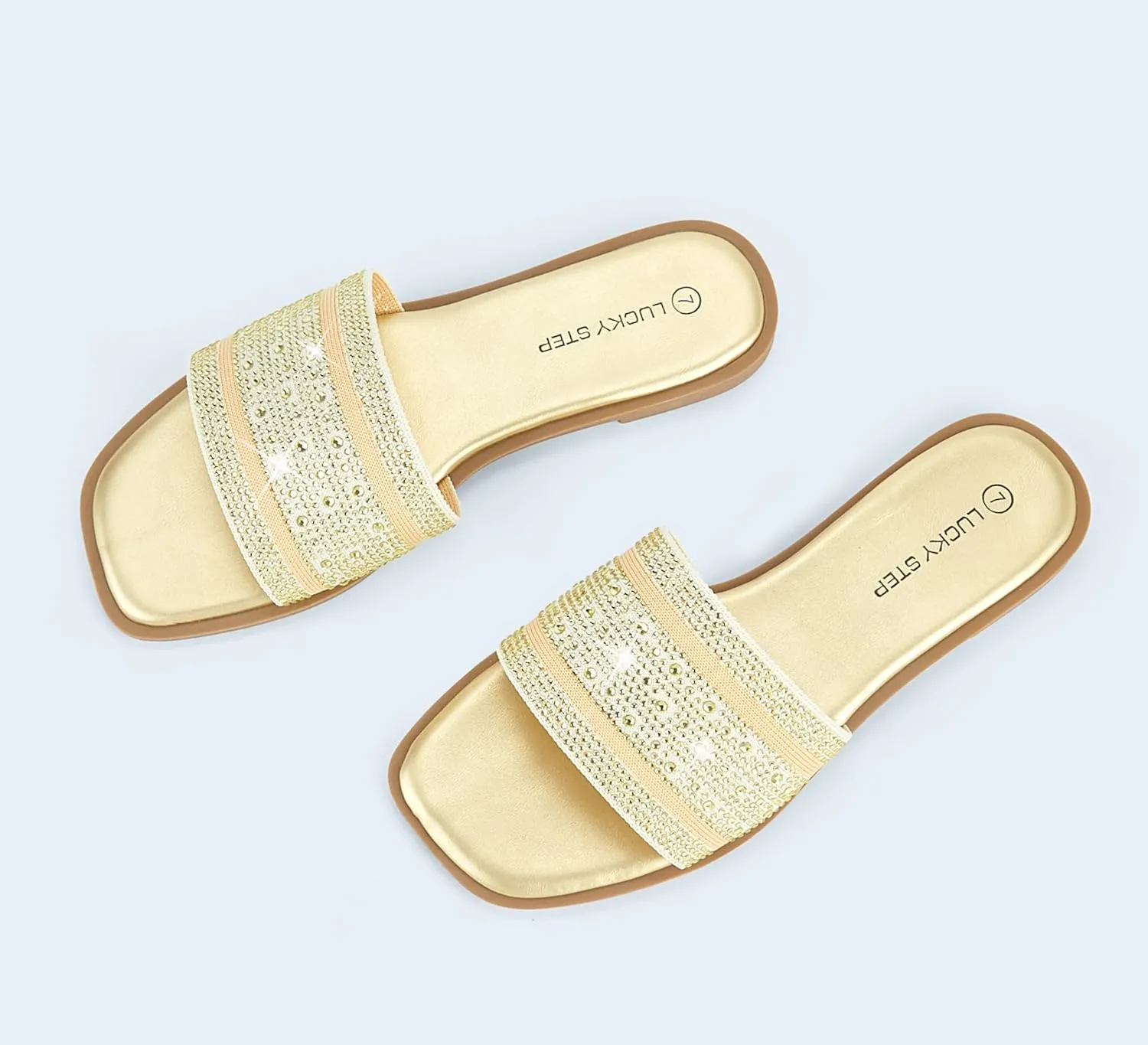 LUCKY STEP Women's Rhinestone Flat Sandals Square Open Toe Sparkly Glitter Fashion Braided Slide Sandals Summer