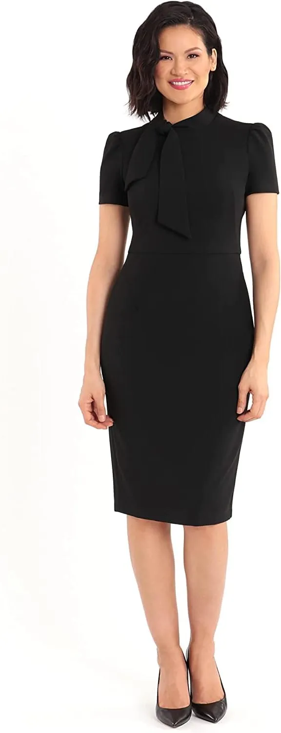 Maggy London Women's Midi Short Sleeve Sheath with Neck Tie Career Office Work Wear