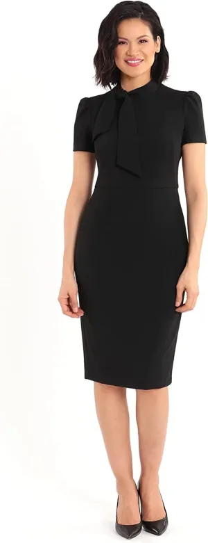Maggy London Women's Midi Short Sleeve Sheath with Neck Tie Career Office Work Wear