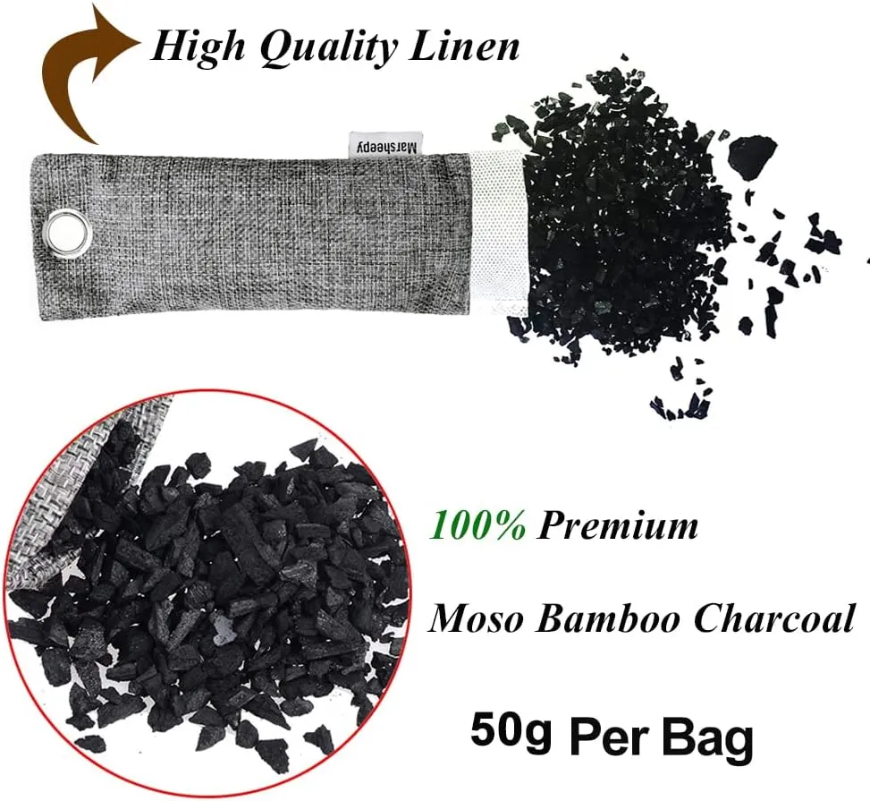 Marsheepy 12 Pack Bamboo Charcoal Shoe Deodorizer Bags, Activated Charcoal Odor Absorber, Bamboo Charcoal Air Purifying Bags, Odor Eliminator for Shoes, Pets, Car, Closet (150g X 2 and 50g x 10)