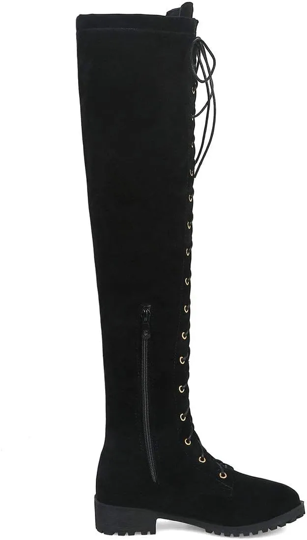 MAVMAX Women's Flat Lace up Thigh High Combat Low Heel Over The Knee Boots