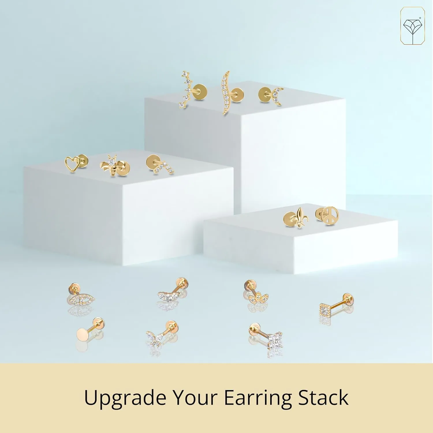 MAX   STONE Solid 14K Gold Single Comfy Flat Back Cartilage Gold Stud Earrings for Women | Hypoallergenic Cubic Zirconia Flatback Stud Earrings | Helix Tragus Piercing Jewelry
