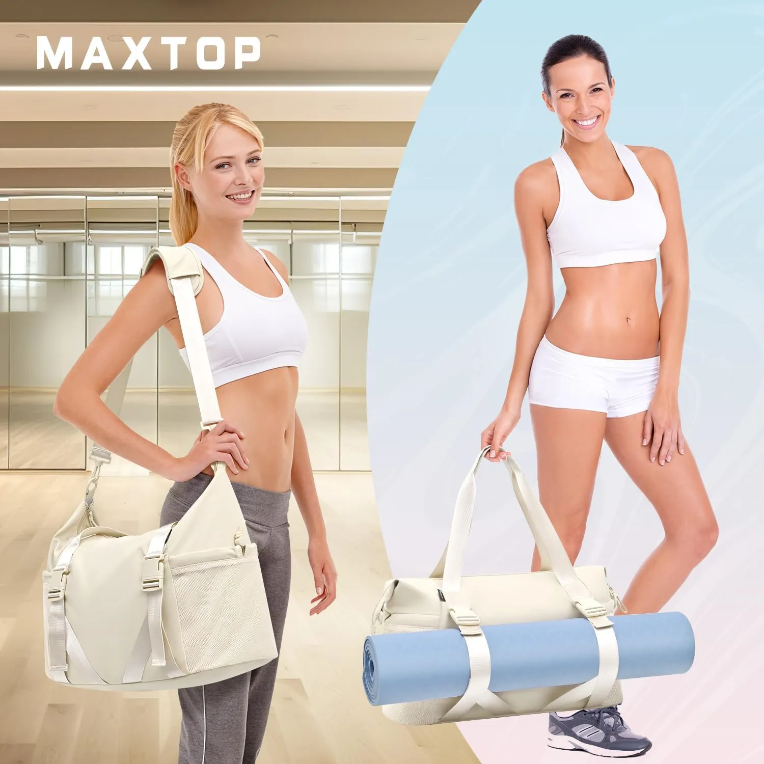MAXTOP Women's Gym Yoga Duffle Bag with Shoe Pouch,Multi-Purpose Overnight Travel Bag for Gym,Work, Dance, Sports