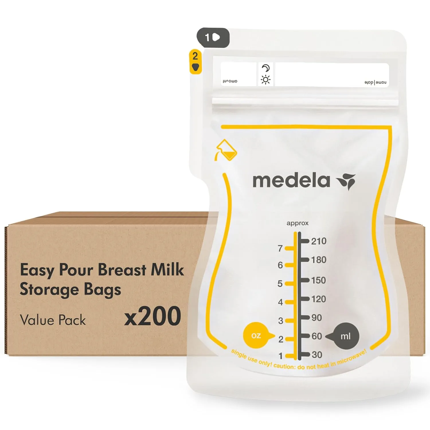 Medela Easy Pour Breastmilk Storage Bags 200 Count 7oz/210ml Disposable, Leakproof, Fast Freeze, Breast Milk Protection Recyclable & BPA Free