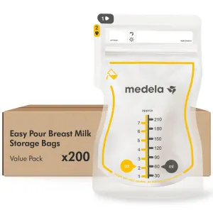 Medela Easy Pour Breastmilk Storage Bags 200 Count 7oz/210ml Disposable, Leakproof, Fast Freeze, Breast Milk Protection Recyclable & BPA Free