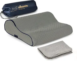 Memory Foam Pillow for Travel and Camping with Extra Cotton Cover – Easy to Carry Portable Bag (Grey Contour)