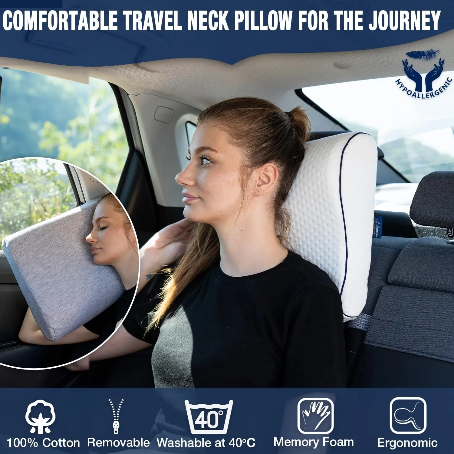 Memory Foam Pillow for Travel and Camping with Extra Cotton Cover – Easy to Carry Portable Bag (White Contour)