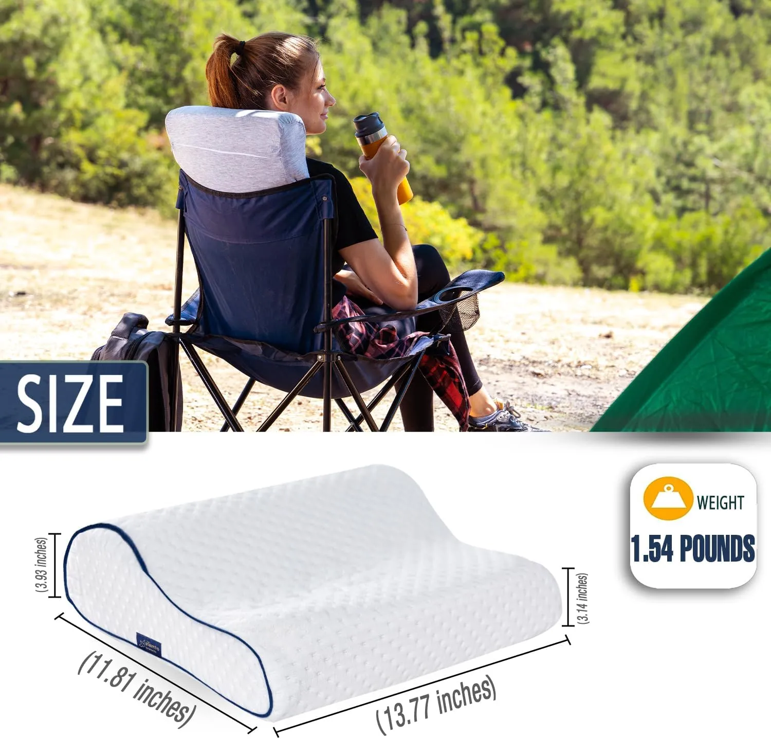 Memory Foam Pillow for Travel and Camping with Extra Cotton Cover – Easy to Carry Portable Bag (White Contour)