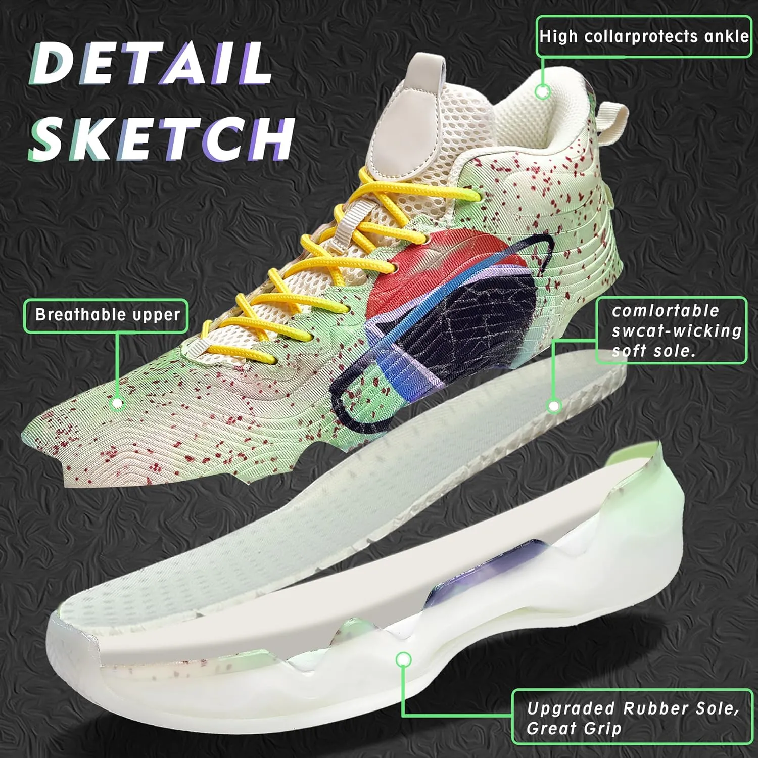 Men Graffiti Basketball Shoes High-Top Sports Shoes Anti-Slip Rubber Soles Indoor Outdoor Sports Running Training Streetwear