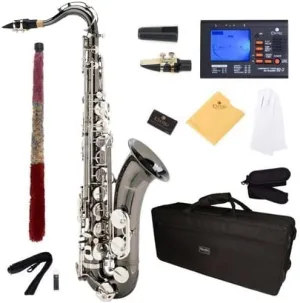 Mendini by Cecilio Tenor Saxophone, L 92D B Flat, Case, Tuner, Mouthpiece, Black with Nickel Keys (Renewed)