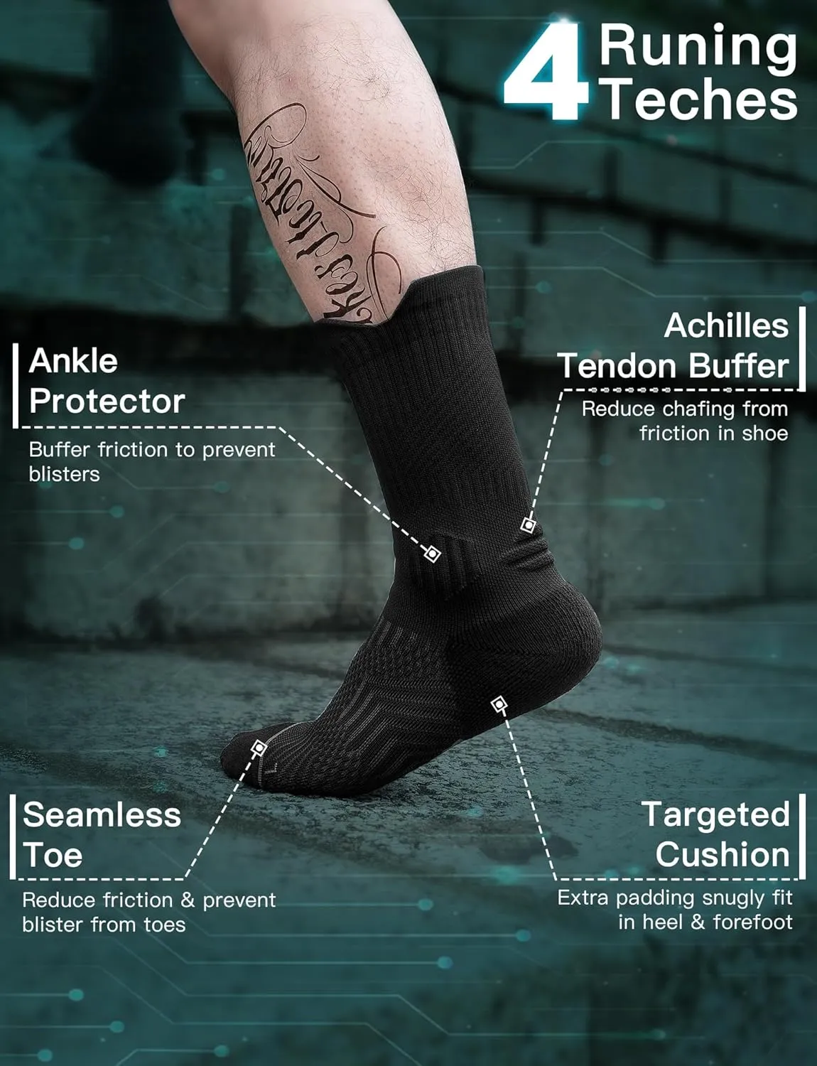 Mens Bamboo Viscose Coolmax Crew Compression Running Socks Athletic Hiking Workout Moisture Wicking Anti-Blister