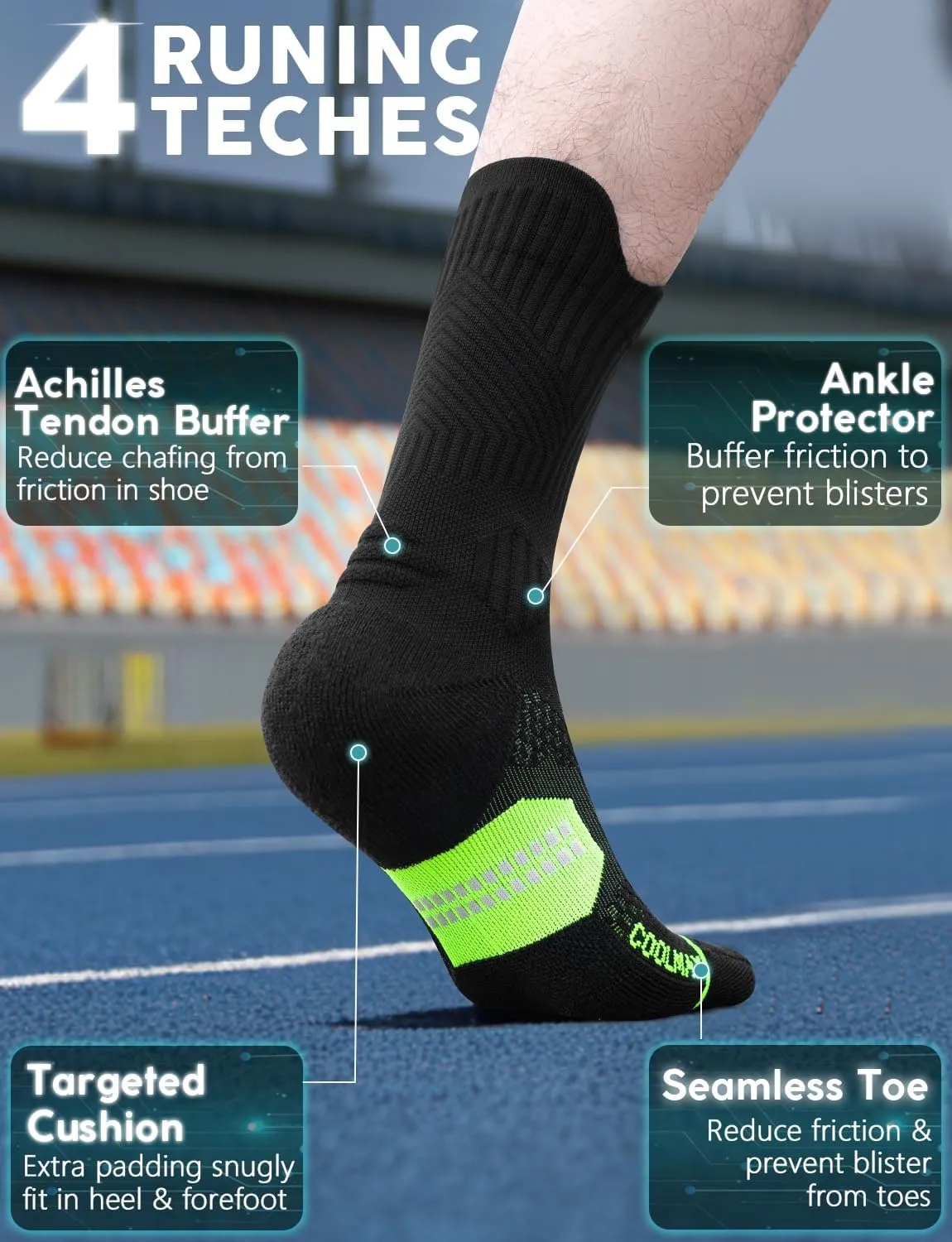 Mens Bamboo Viscose Coolmax Crew Compression Running Socks Athletic Hiking Workout Moisture Wicking Anti-Blister