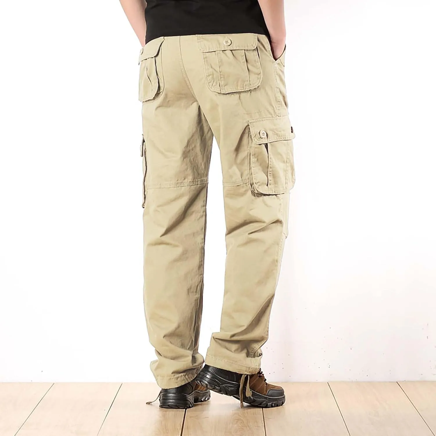 Men's Cotton Cargo Pants Comfort Flat Front Stretch Chino Golf Trouser Classic Basic Heavy Duty Durable Work Utility Pants